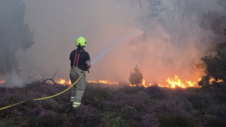 Fireman tackling fire on Dunwich Heath in Suffolk
